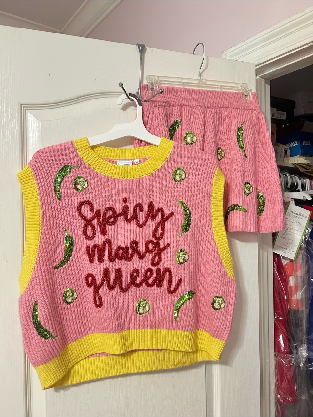 NWT! QUEEN OF SPARKLES Pink & Yellow "Spicy Marg Queen" Knit Vest and Skirt Set